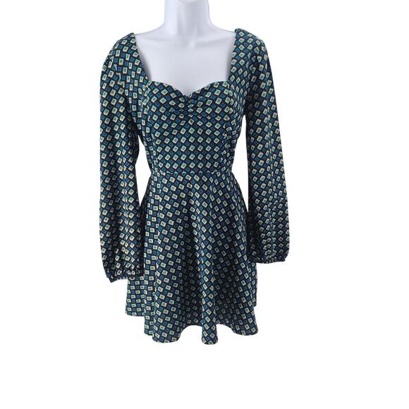 Band of the Free Genevieve Teal Diamond mini puff sleeve dress NWT Size Small - Picture 3 of 10